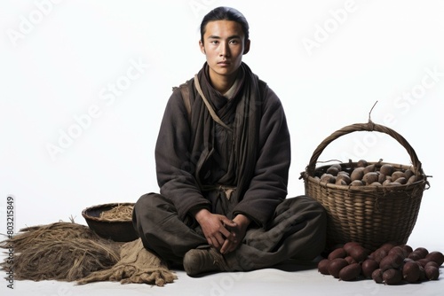 Portrait of a young man from the Mosuo ethnic minority in traditional clothing, China
