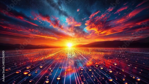 Breathtaking sunset landscape with dramatic fiery clouds, sun rays bursting through, and reflections on a futuristic solar panel field, depicting themes of renewable energy, technology.