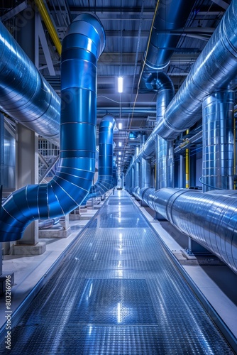 The intricate network of pipes and catwalks in an industrial building