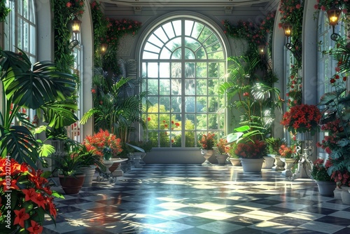 European style sunlit atrium with tropical plants and flowers