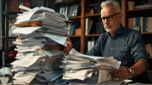 Man Surrounded by Stacks of Paperwork