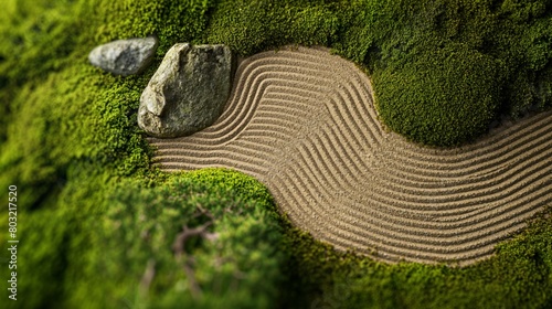 An aerial view of a perfect, miniature zen garden with raked sand and a single, large rock, set against a moss green background, inviting meditation and reflection. 32k, full ultra hd, high resolution