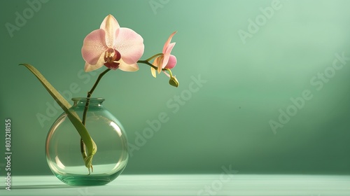 An elegant, blown glass vase containing a single, exotic orchid, displayed against a jade green background.