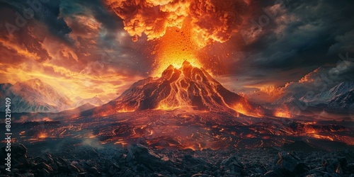 Volcanic eruption with lava flow and ash cloud