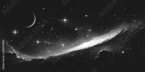 Deep space scene background in stippling style with spiral galaxy, glowing nebula and stars. Retro styled dotwork. Pointillism. Panorama. Noisy grainy shading using dots. Vector illustration