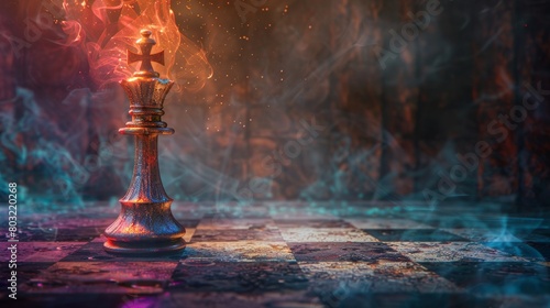 Enigmatic chess king piece on a misty board with vibrant colorful sparks