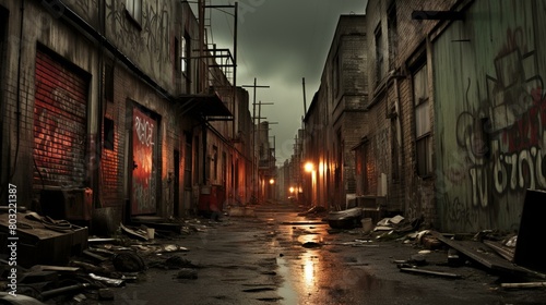 A dark and gloomy alleyway with graffiti on the walls and trash on the ground
