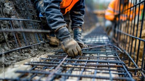 Close-up of a worker's hands tying steel reinforcing bars at a construction site.