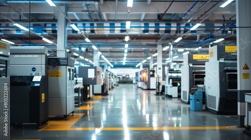 Modern industrial printing facility with rows of high-tech digital printing machines in a clean, well-lit hall.