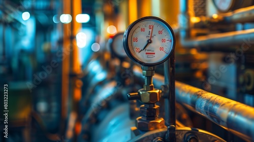 Close-up shot of a pressure gauge in a vibrant industrial setting with vivid blue and orange lights.