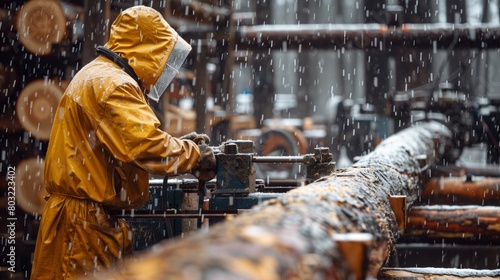 A worker in a yellow raincoat manually operating machinery in snowy conditions at a logging site.