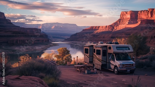 An RV parked in a serene desert location near a river at sunset, with dramatic cliffs in the background.