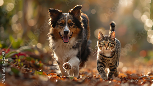 A playful border collie and a mischievous tabby cat engaged in a lively game of chase around a sun-drenched backyard.