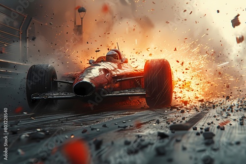 The heart-stopping moment of a racing car narrowly avoiding a collision as it swerves to miss debris on the track, the driver's reflexes pushed to the limit