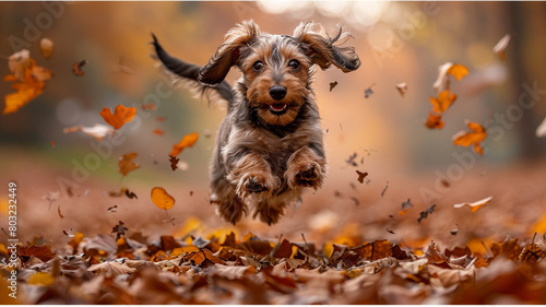 A small Dachshund pup jumping excitedly into a pile of autumn leaves, its tail wagging furiously.
