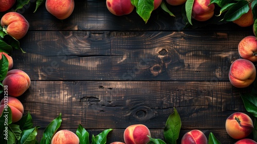 Fresh ripe peaches with leaves on a dark rustic wooden background, top view composition.