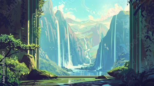 Surreal landscape with waterfalls, ancient ruins, and misty mountains through an arched window