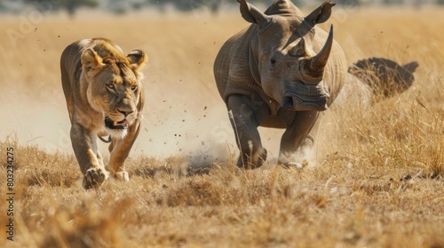 lioness chasing a hunting rhinoceros in its daytime habitat in high resolution
