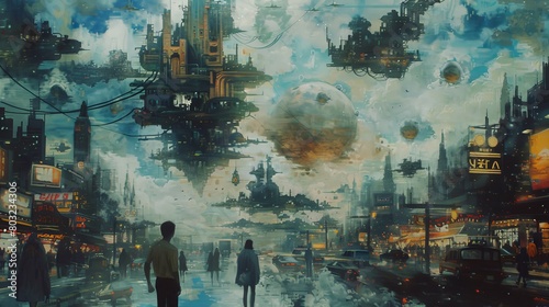 Surreal painting of dreamlike cities and floating islands with observers and birds in a cloudy sky