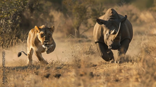 rhino chasing a lioness HUNTING