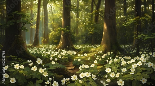 Beautiful white primroses in spring in the forest close-up in sunlight in nature. Spring forest landscape with blooming white anemones and trees.