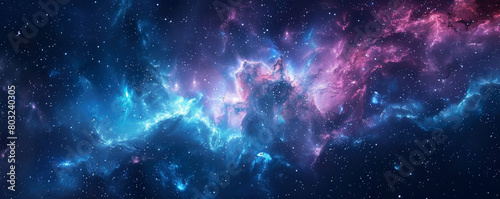 A vivid picture of purple-blue and pink space. A shining gap in space, a flash of light shining in the sky. Bright explosion or rupture of a galaxy or planet