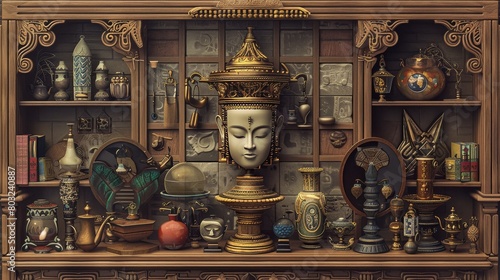 Intricate still life with symmetrical display of cultural artifacts and antiques on wooden shelves