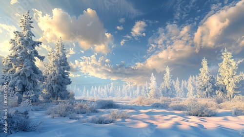 White clouds in a blue sky create a beautiful winter scene. The landscape is calm and bright with a touch of gloominess. The sky changes color as the day turns into night.