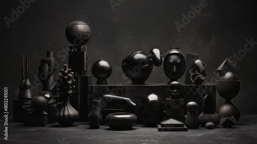 Intricate still life with symmetrical display of cultural artifacts and antiques on wooden shelves