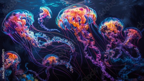 Captivating underwater scene of glowing jellyfish with intricate tentacles in deep blue ocean