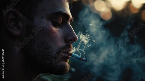 A man with a cigarette in his mouth. Suitable for lifestyle and addiction concepts