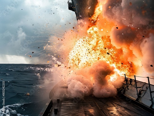 Dramatic explosion on military ship at sea with smoke and fire