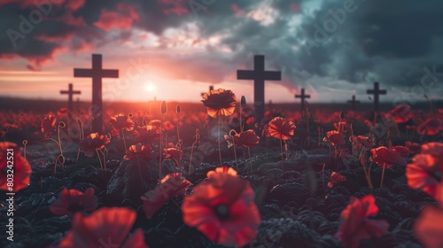 Field of red flowers with crosses in the background. Suitable for memorial or religious themes