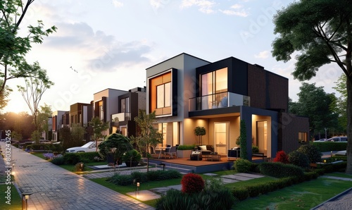 The row of modern private grey townhouses architectural design exterior townhomes with blue sky