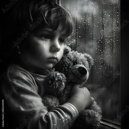 Loneliness Young child holding a teddy bear gazes out a rain-spattered window, conveying a mood of longing and reflection. Young boy miss his parent and waiting them He is crying 
