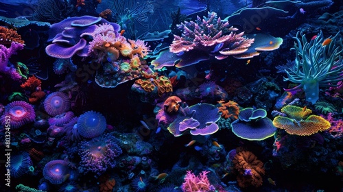 Colorful bioluminescent coral reef at night, featuring vibrant marine life and glowing fauna