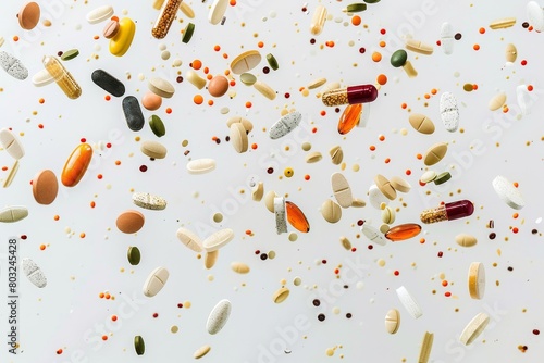 Various pills cascading down on a clean white surface