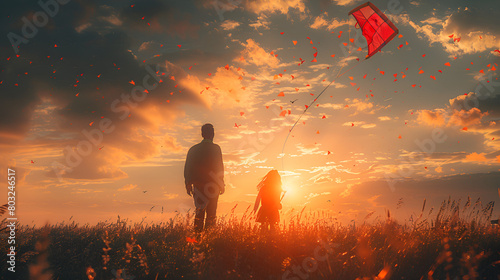Happy Father's Day Child Girl and Dad with a Kite 3d image wallpaper 