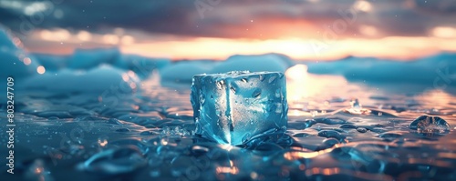 A melting ice cube as a metaphor for the disappearing glaciers and polar ice caps