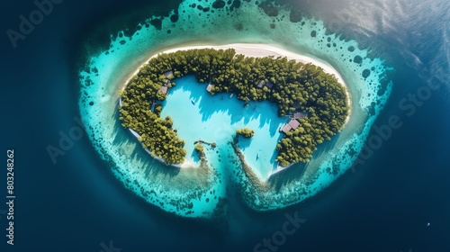 Create a professional photo of a tropical island from an aerial perspective