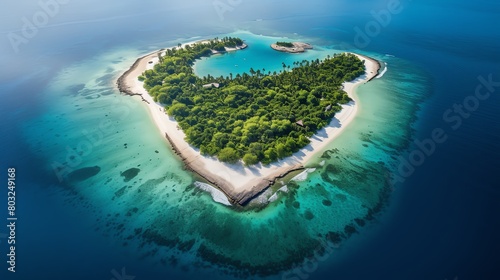 An island paradise in the middle of the ocean. White sand beaches, crystal clear waters, and lush green vegetation.