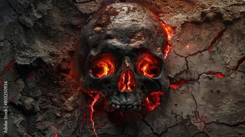 Eerie human skull with glowing red eyes set in a dark, cracked surface