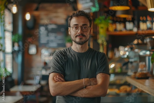 successful small business owner with arms crossed standing proudly in trendy cafe aigenerated