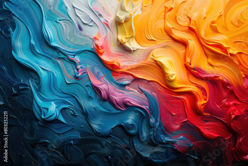 A painting of a wave with blue, yellow, and red colors. The colors are blended together to create a sense of movement and energy. The painting conveys a feeling of excitement and passion