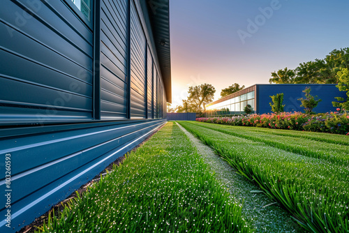 Dawn's soft glow highlights a modern home's blue siding, its dewy lawn and vibrant flowers capturing a tranquil moment.
