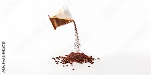 Coffee powder poured out of the package on a white background