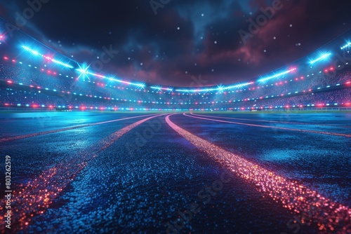 A mesmerizing view of a shiny, futuristic racetrack glowing under a night sky, evoking a sense of speed and technology