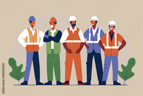 Five construction workers in safety gear pose confidently