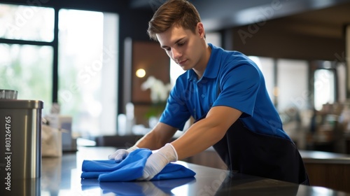 Professional young cleaner meticulously wiping down surfaces with a microfiber cloth.