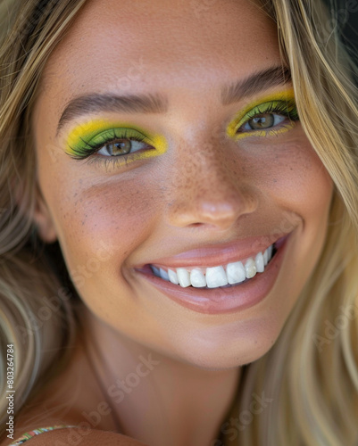 A close-up portrait of a smiling woman with long blonde hair, wearing bold yellow eyeshadow and green eyeliner in the style of fashion photography. It is a happycore